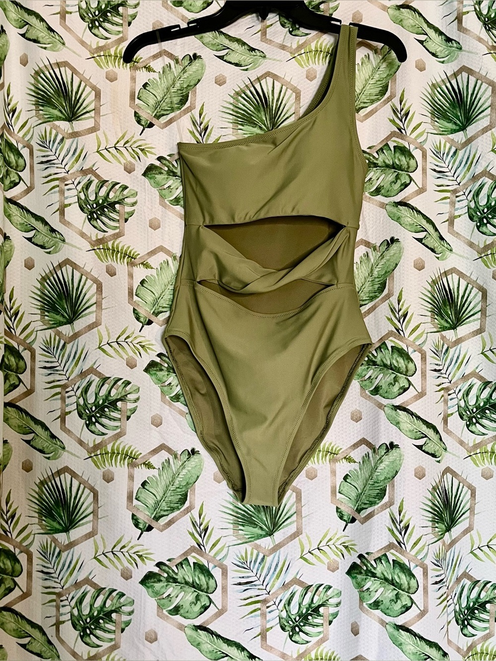 Old Navy Olive Green One-Shoulder Cutout Swim Bodysuit